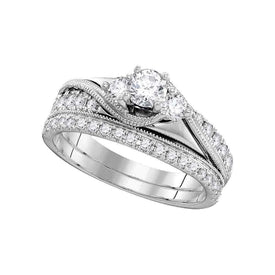 Ethereal Elegance | 14kt White Gold Round Diamond 3-Stone Bridal Wedding Ring Band Set 7/8 Cttw Top View from Splendid Jewellery