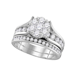 Wedding Collection | 14kt White Gold Round Diamond Cluster Bridal Wedding Ring Band Set 1-1/2 Cttw | Splendid Jewellery GND