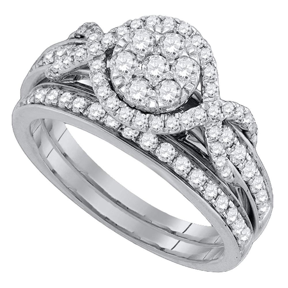 Wedding Collection | 14kt White Gold Round Diamond Cluster Bridal Wedding Ring Band Set 1 Cttw | Splendid Jewellery GND
