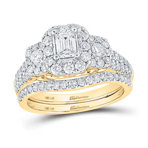Wedding Collection | 14kt Yellow Gold Emerald Diamond Halo Bridal Wedding Ring Band Set 1-1/2 Cttw | Splendid Jewellery GND