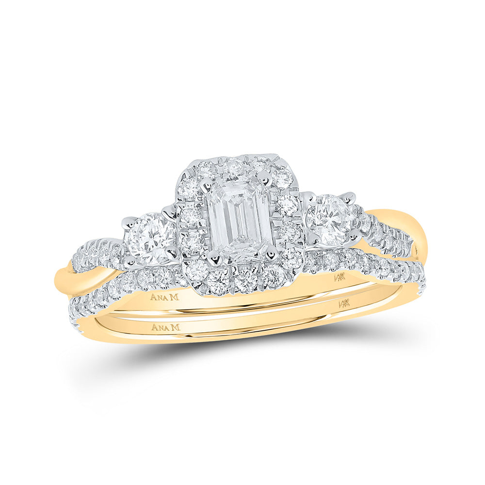 Wedding Collection | 14kt Yellow Gold Emerald Diamond Halo Bridal Wedding Ring Band Set 3/4 Cttw | Splendid Jewellery GND