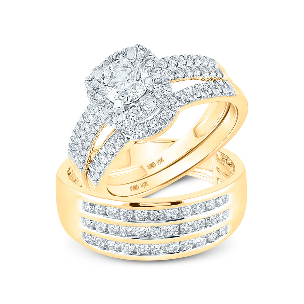 Wedding Collection | 14kt Yellow Gold His Hers Round Diamond Halo Matching Wedding Set 2 Cttw | Splendid Jewellery GND
