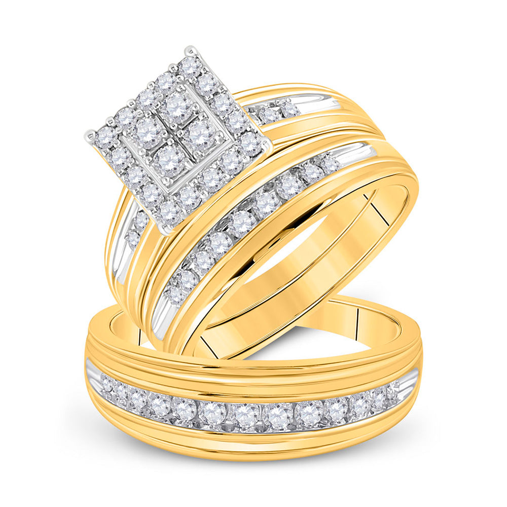 Wedding Collection | 14kt Yellow Gold His Hers Round Diamond Square Matching Wedding Set 1 Cttw | Splendid Jewellery GND