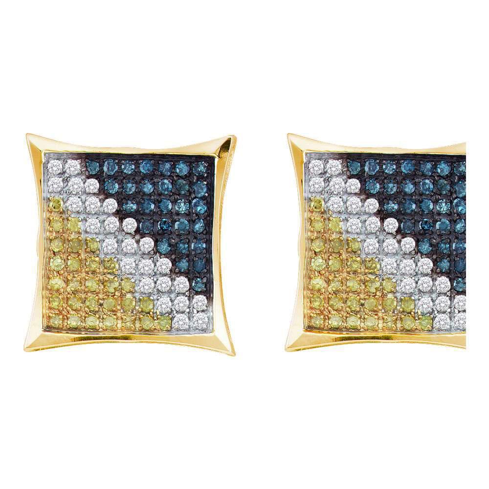 Yellow - tone Sterling Silver Mens Blue Color Enhanced Diamond Square Cluster Earrings 1/6 Cttw - Splendid Jewellery