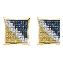Load image into Gallery viewer, Yellow - tone Sterling Silver Mens Blue Color Enhanced Diamond Square Cluster Earrings 1/6 Cttw - Splendid Jewellery